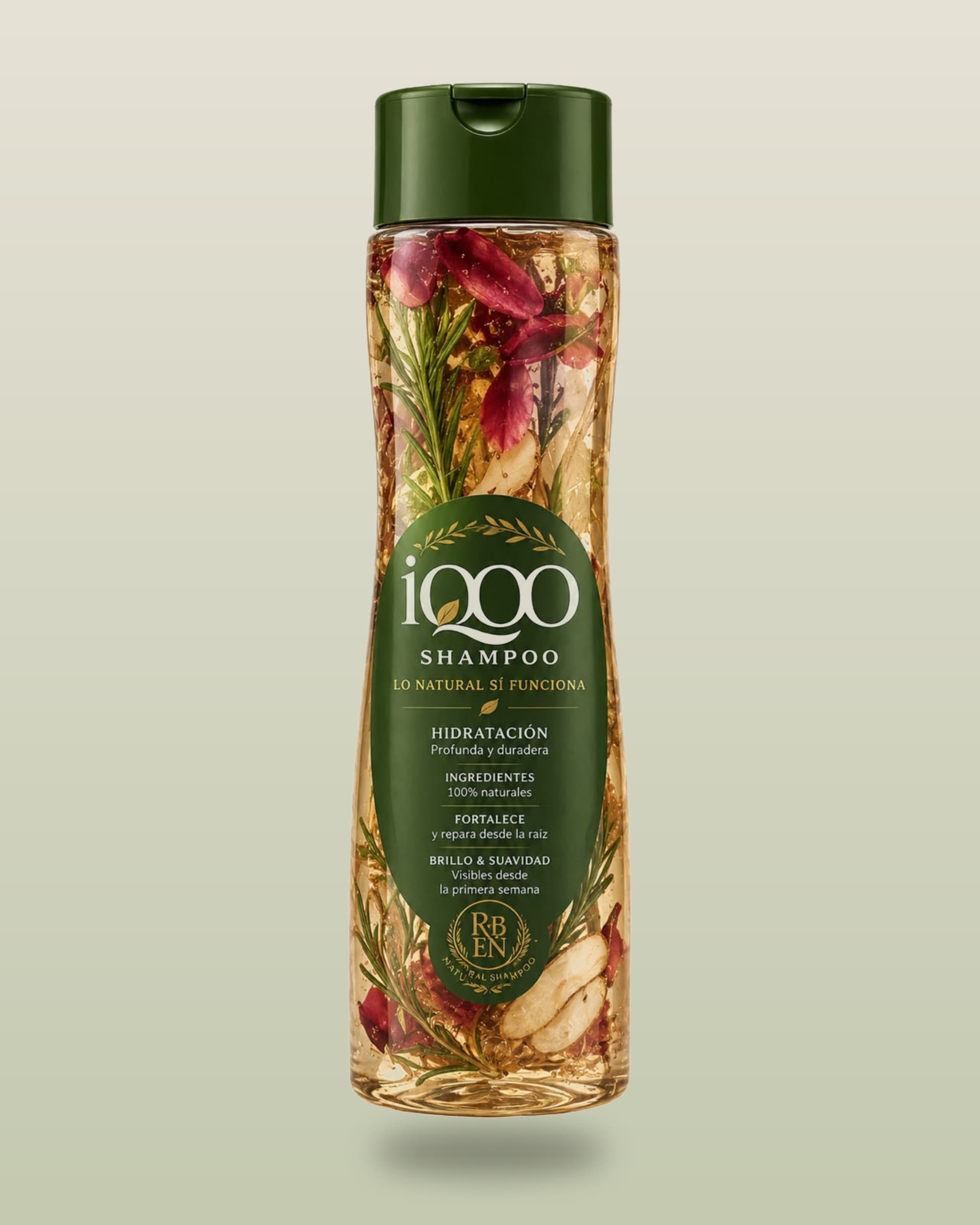 Botella de shampoo natural IQOO con romero, jengibre y flores